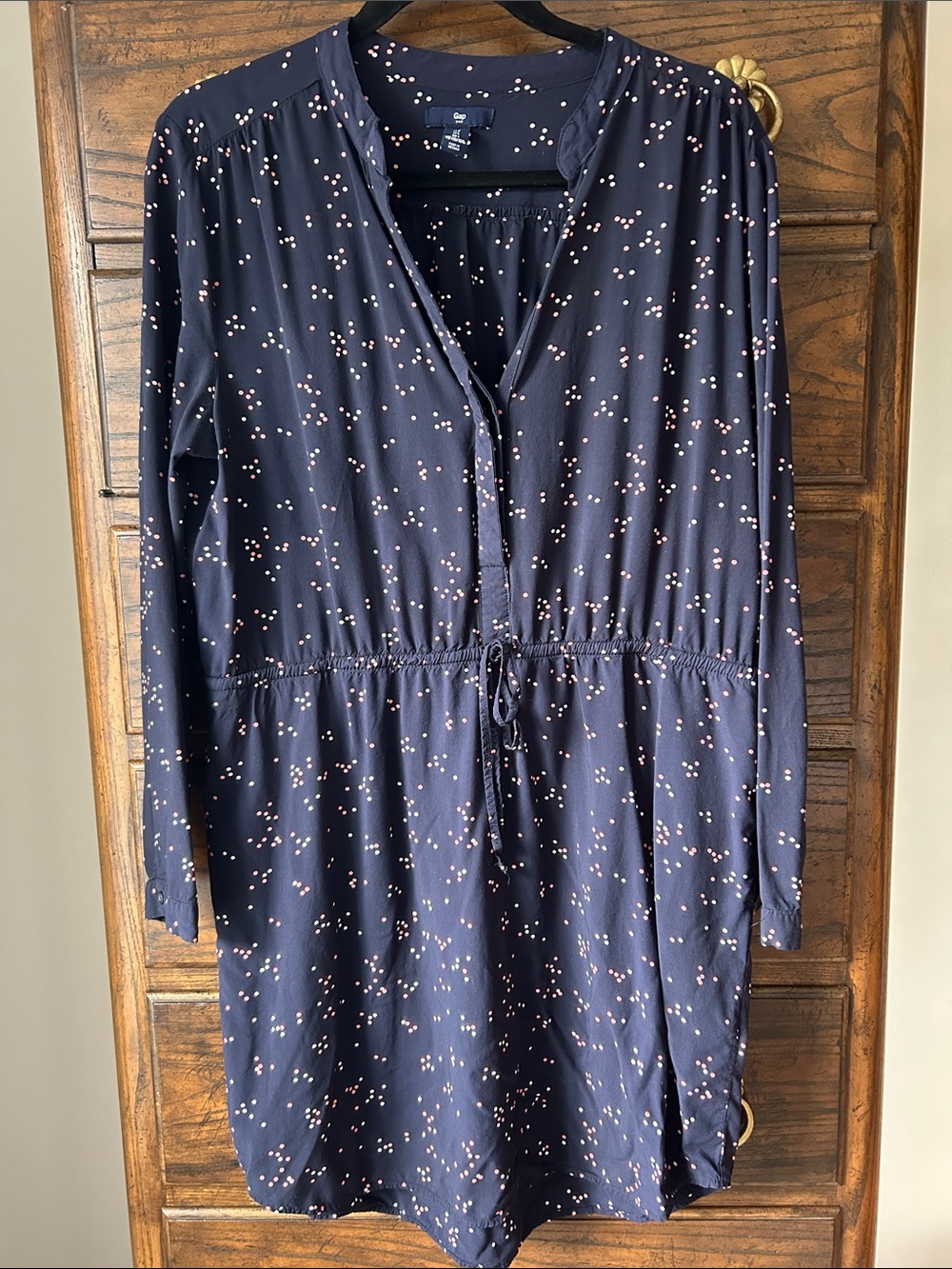 GAP Navy Long-Sleeve Drawstring Waist Dress with White and PinkDot Print, Size L